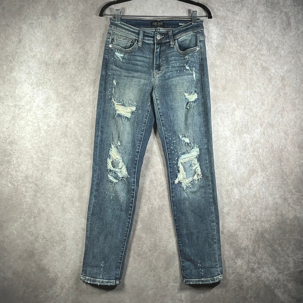 Judy Blue Boyfriend Fit Jeans Womens Size 3/26 Blue Medium Wash Denim Distressed